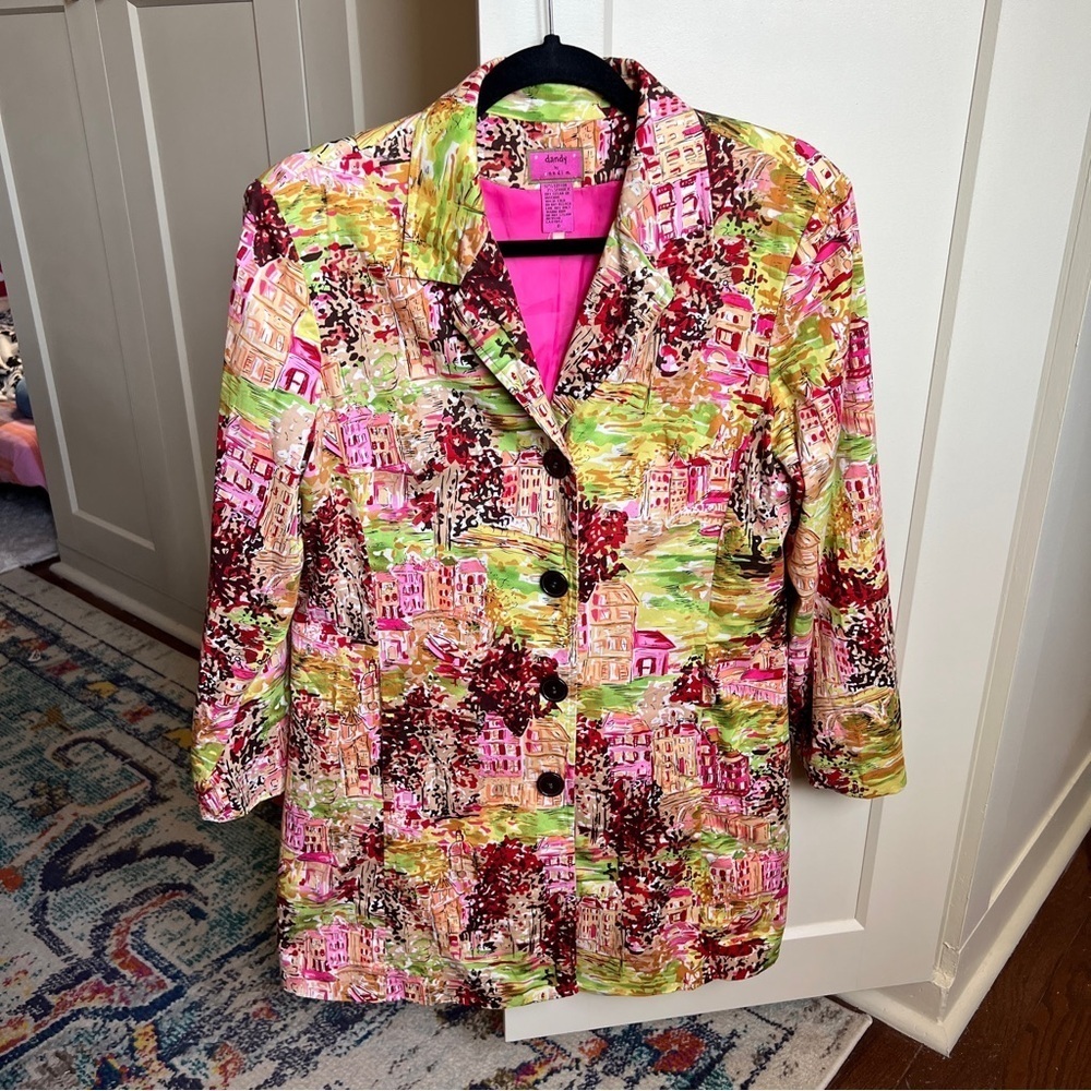 Vintage Dandy by Randi M Multicolor Cityscape Toile Print Button-Up Jacket Coat